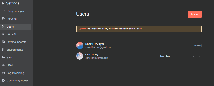 Invite a new user in n8n
